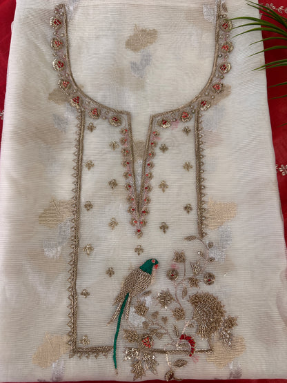 Banarasi Weaved Off-White Zardozi Special Parrot Motif Unstitched Suit Set