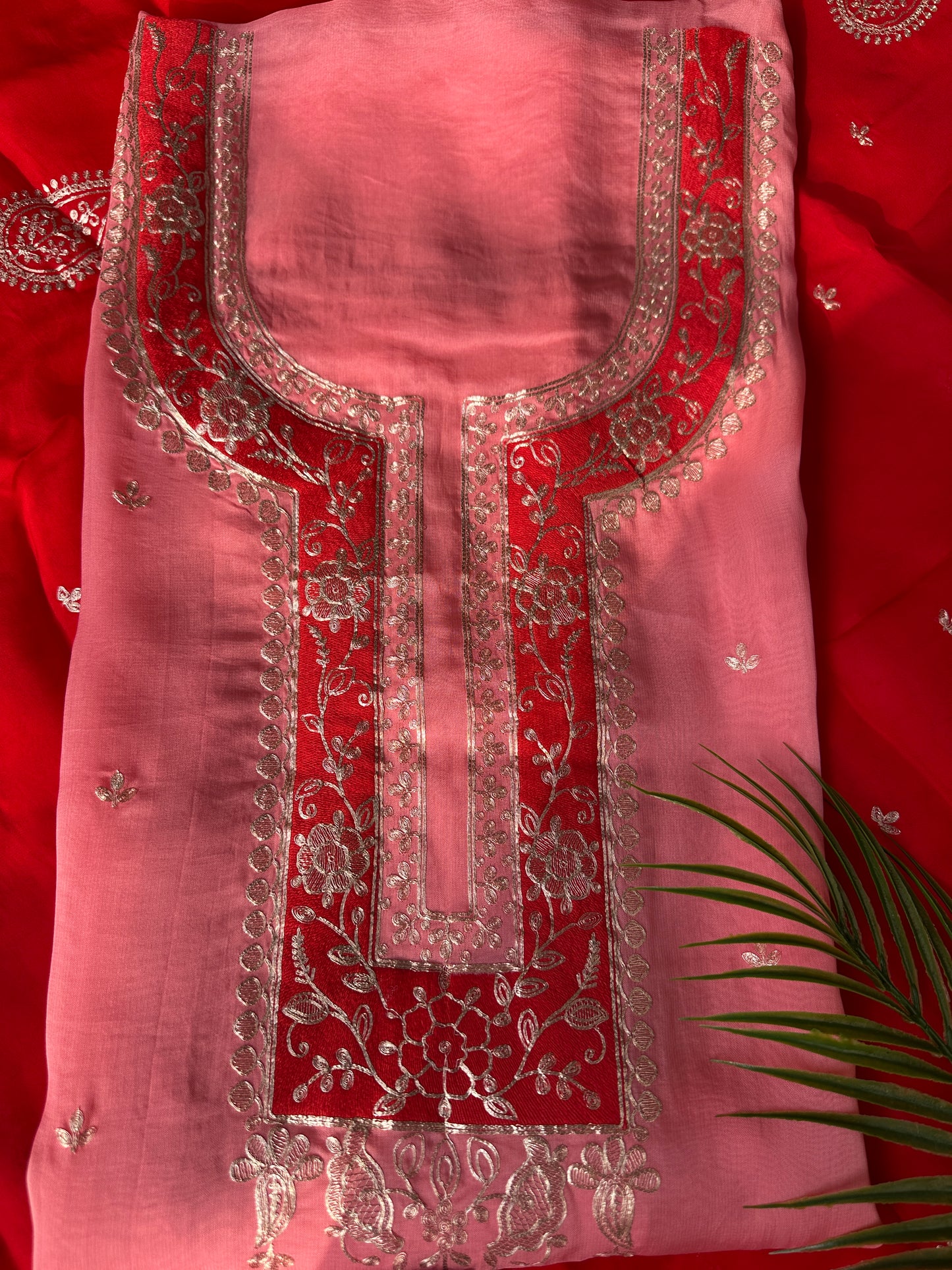 Pink Organza Pitta Work Unstitched Suit Set