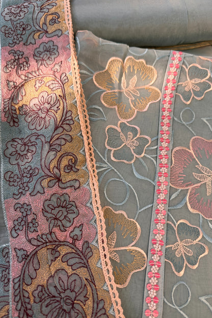 Ice Blue Organza Resham Threadwork Unstitched Suit Set