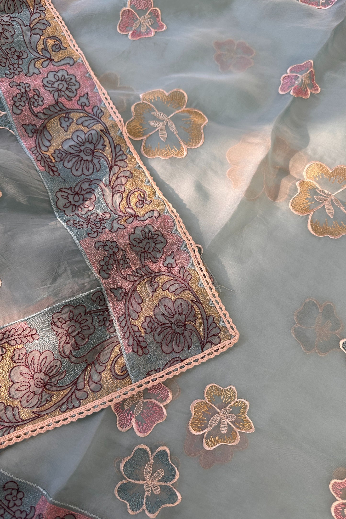 Ice Blue Organza Resham Threadwork Unstitched Suit Set