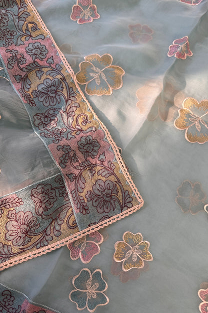 Ice Blue Organza Resham Threadwork Unstitched Suit Set