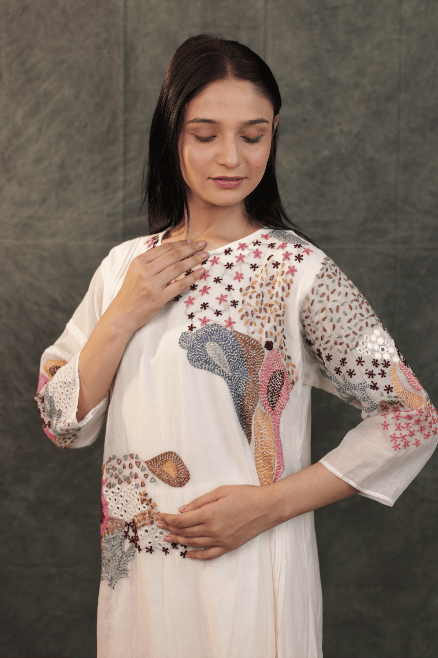 Kantha & mirror embroidered mulchanderi Co-ord set