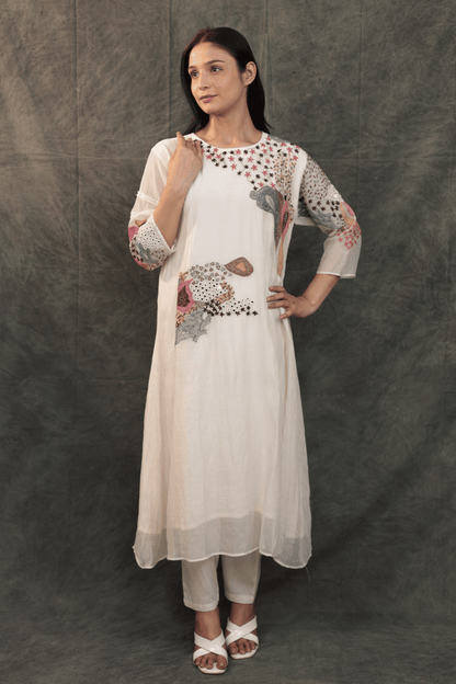 Kantha & mirror embroidered mulchanderi Co-ord set