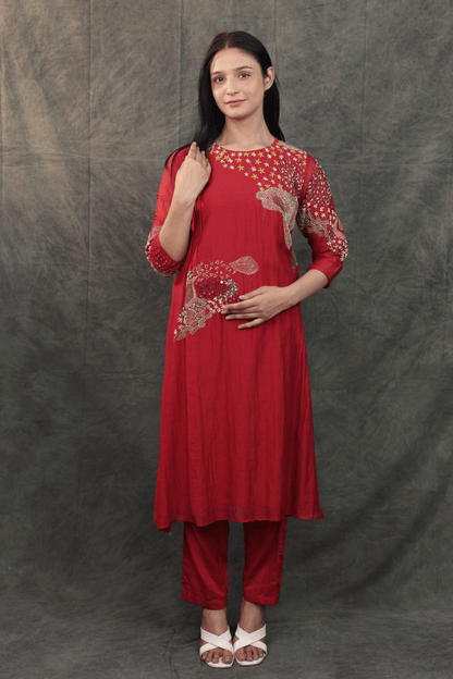Kantha & mirror embroidered mulchanderi Co-ord set