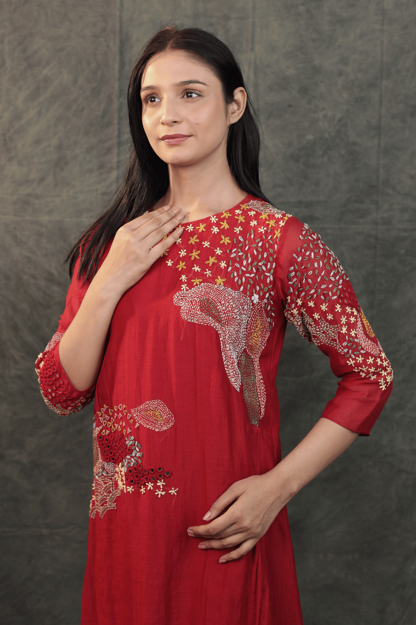 Kantha & mirror embroidered mulchanderi Co-ord set