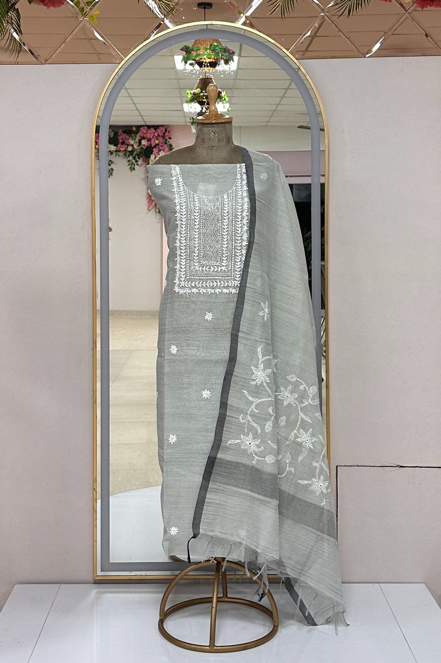 Linen Kantha And Chikenkari Handwork Unstitched Suit Set