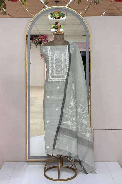 Linen Kantha And Chikenkari Handwork Unstitched Suit Set