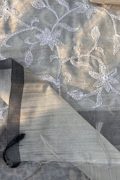 Linen Kantha And Chikenkari Handwork Unstitched Suit Set