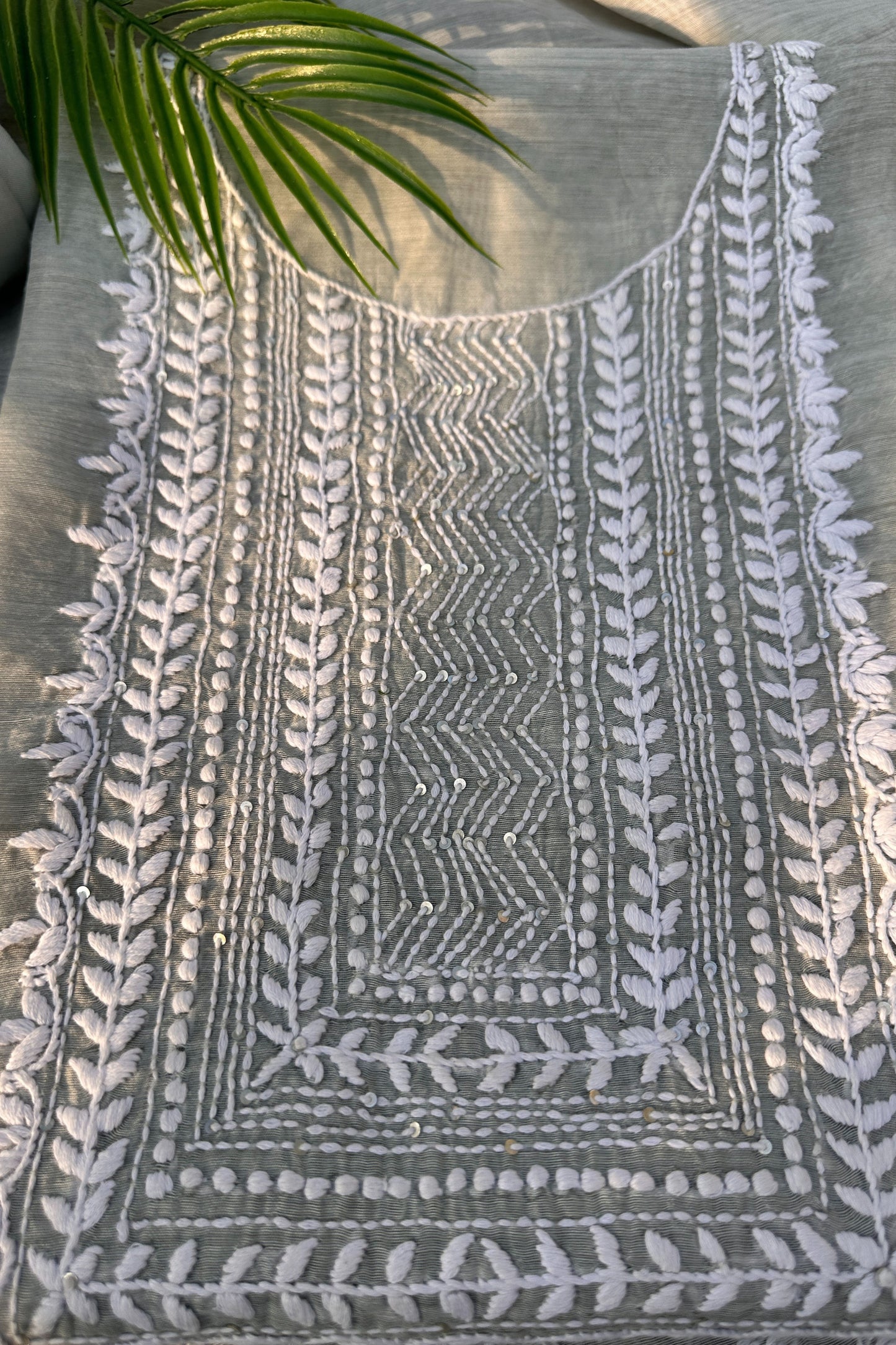 Linen Kantha And Chikenkari Handwork Unstitched Suit Set