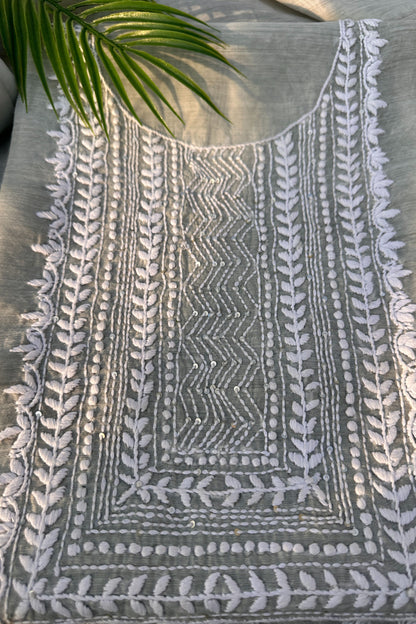Linen Kantha And Chikenkari Handwork Unstitched Suit Set