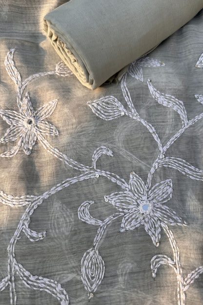 Linen Kantha And Chikenkari Handwork Unstitched Suit Set