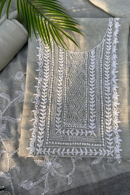 Linen Kantha And Chikenkari Handwork Unstitched Suit Set