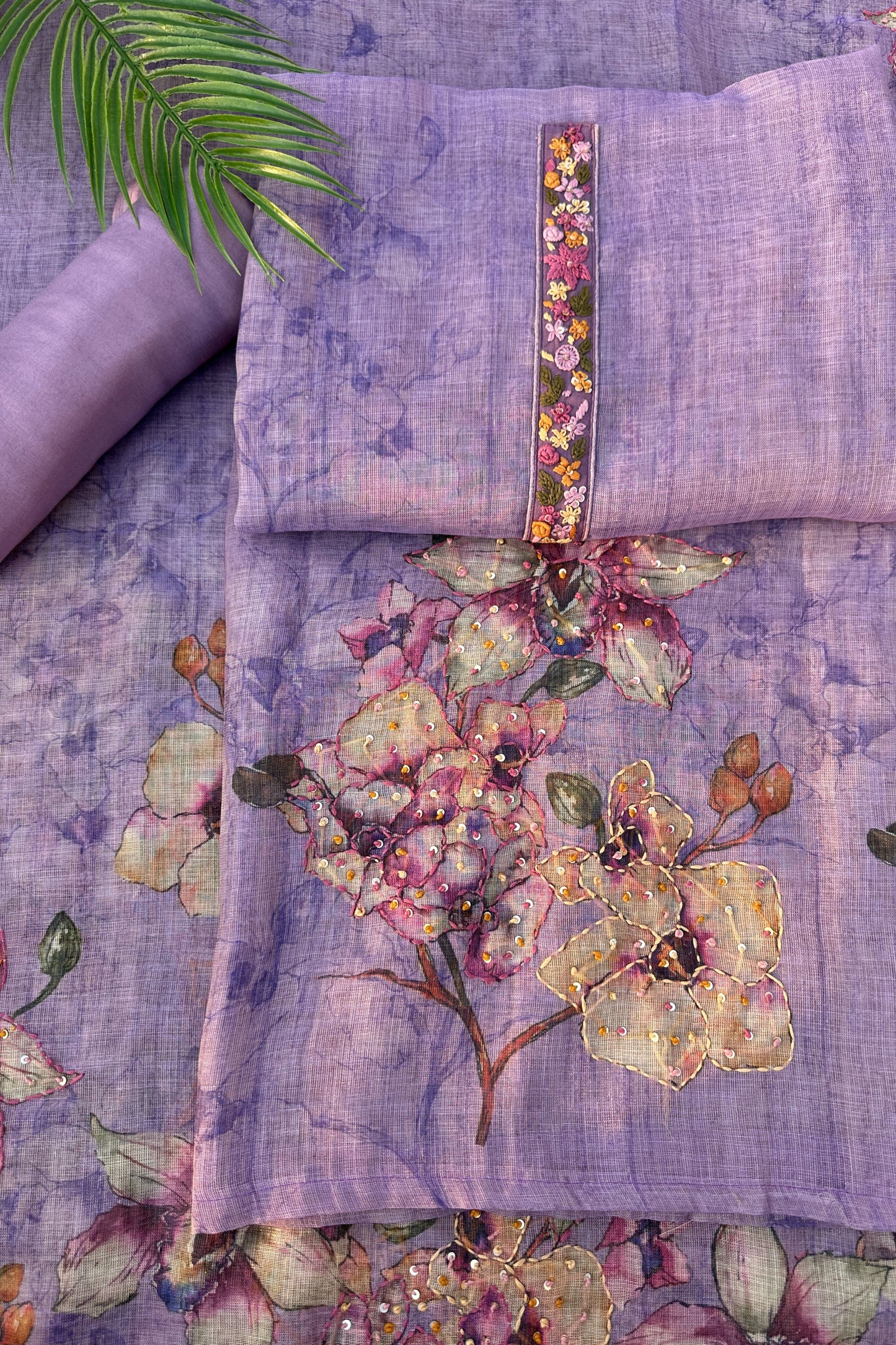 Linen Silk kantha french knot embroidered Unstitched Suit Set