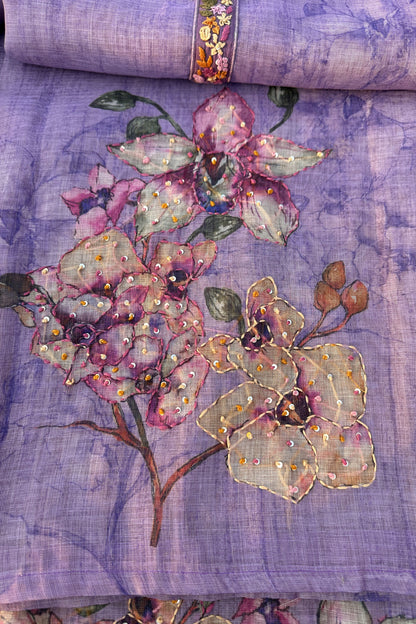 Linen Silk kantha french knot embroidered Unstitched Suit Set