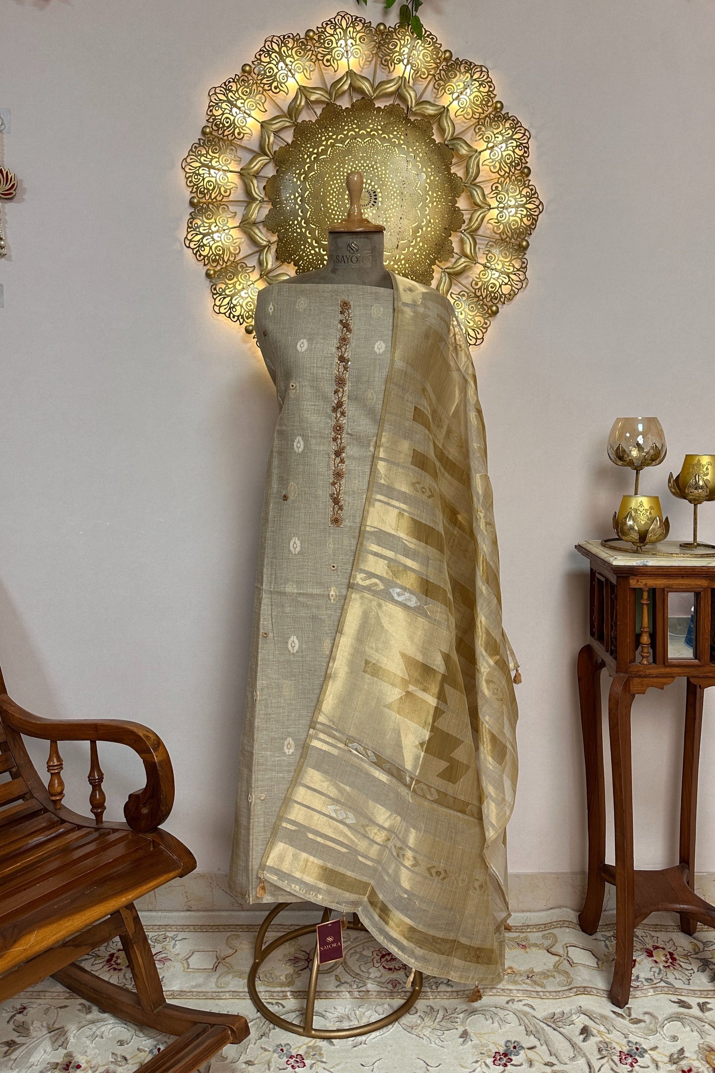 Linen Silk Beige Jamdaani Weaved Hand Embroidered Unstitched Suit Set