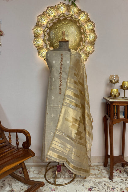 Linen Silk Beige Jamdaani Weaved Hand Embroidered Unstitched Suit Set