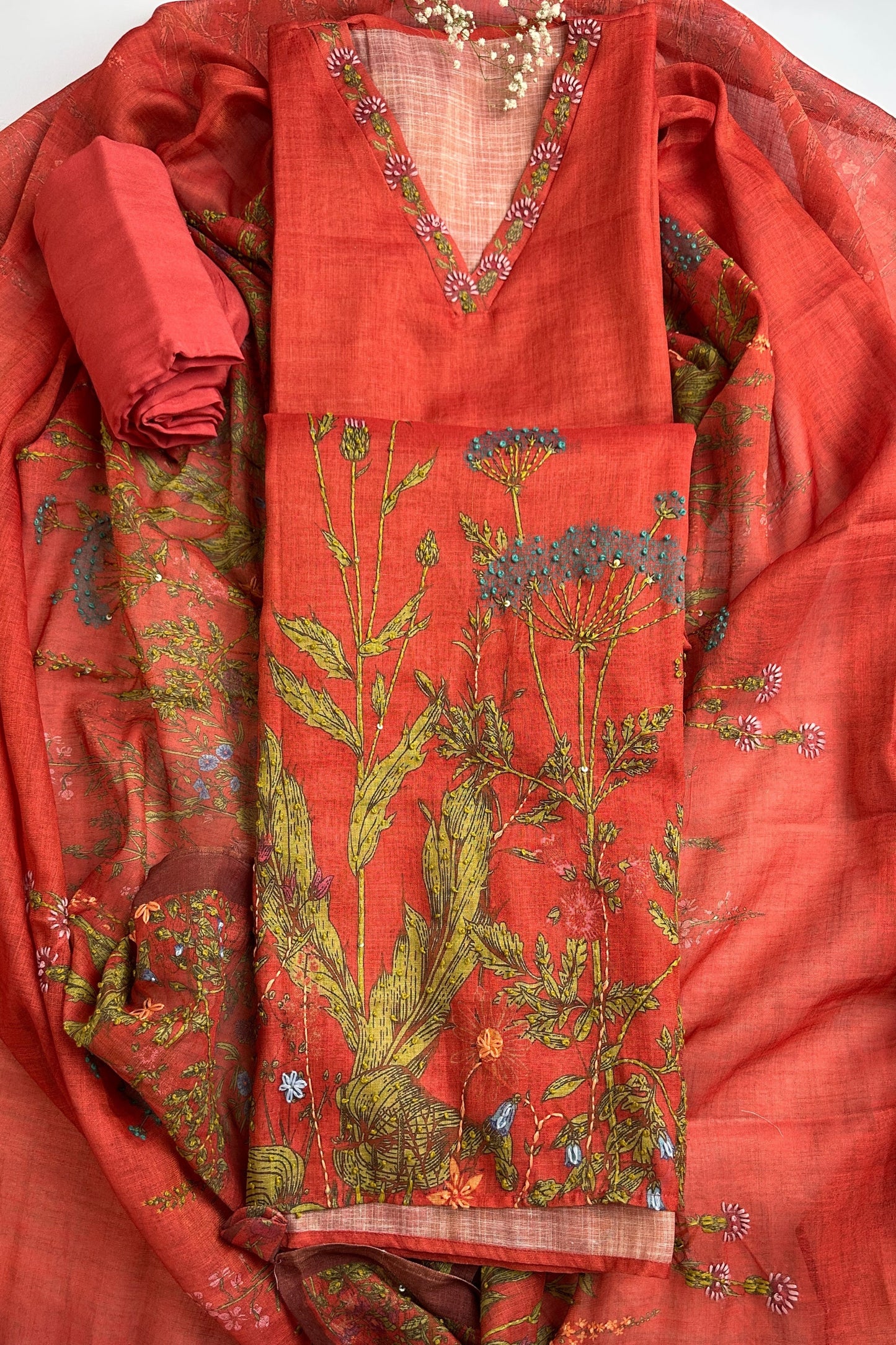 Linen Silk Red Semi-Stitched Suit