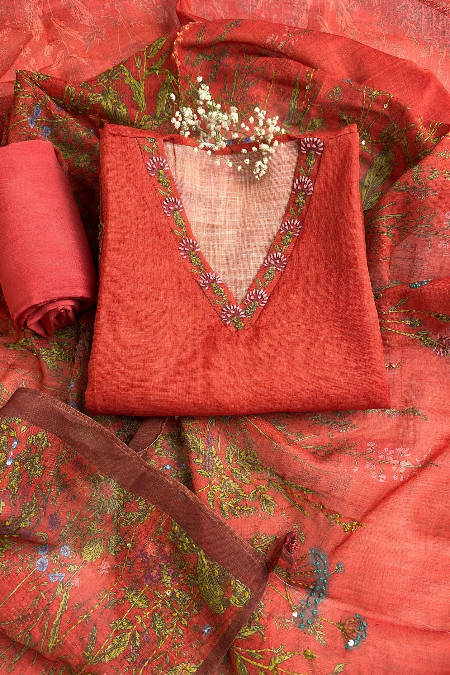 Linen Silk Red Semi-Stitched Suit