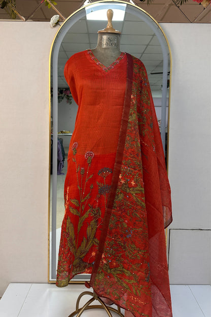 Linen Silk Red Semi-Stitched Suit