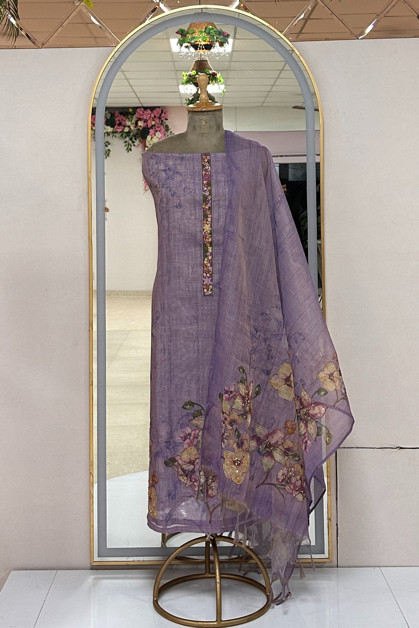 Linen Silk kantha french knot embroidered Unstitched Suit Set