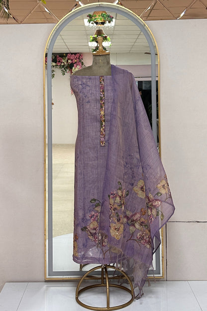 Linen Silk kantha french knot embroidered Unstitched Suit Set