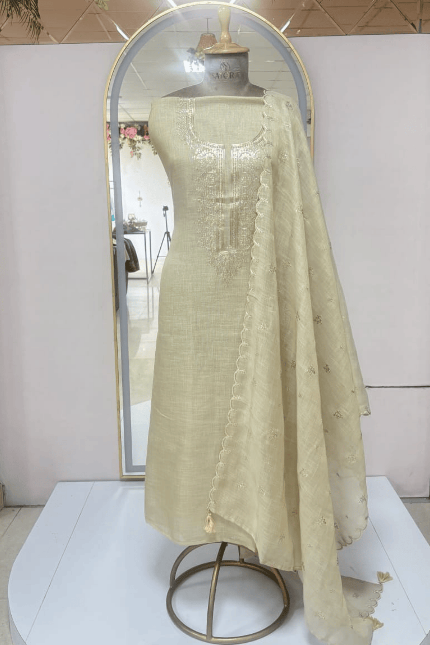 Linen beige pitta work Unstitched suit