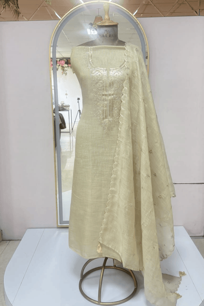 Linen beige pitta work Unstitched suit