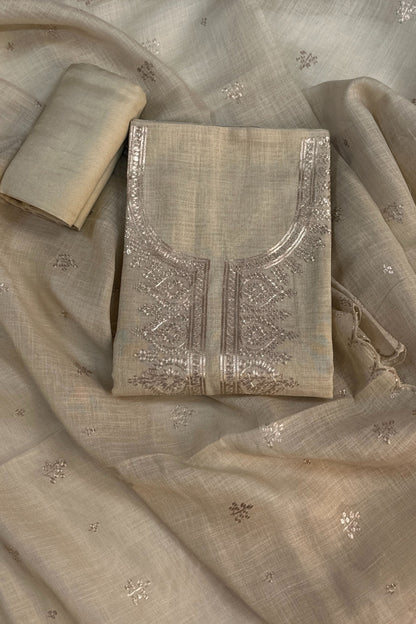 Linen beige pitta work Unstitched suit