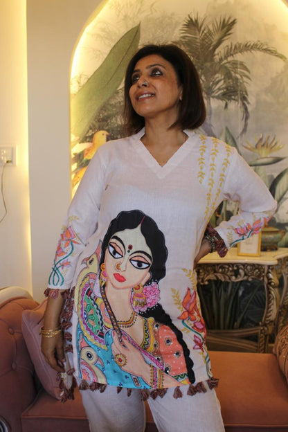 Madhubani style hand embroidered designer linen Co-ord set