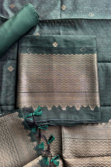 Mehndi Green Chanderi Gold Zari Jamdani Weaving Unstitched suit Set