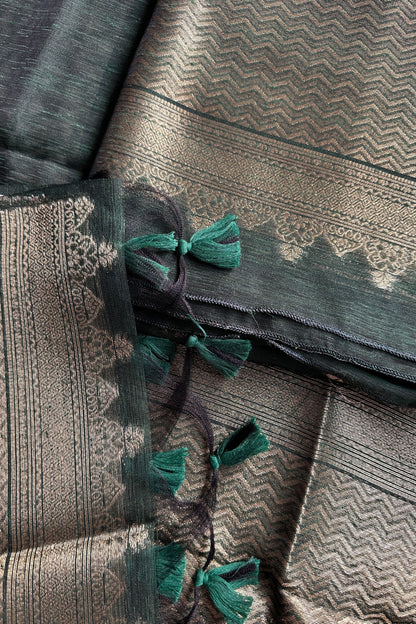 Mehndi Green Chanderi Gold Zari Jamdani Weaving Unstitched suit Set