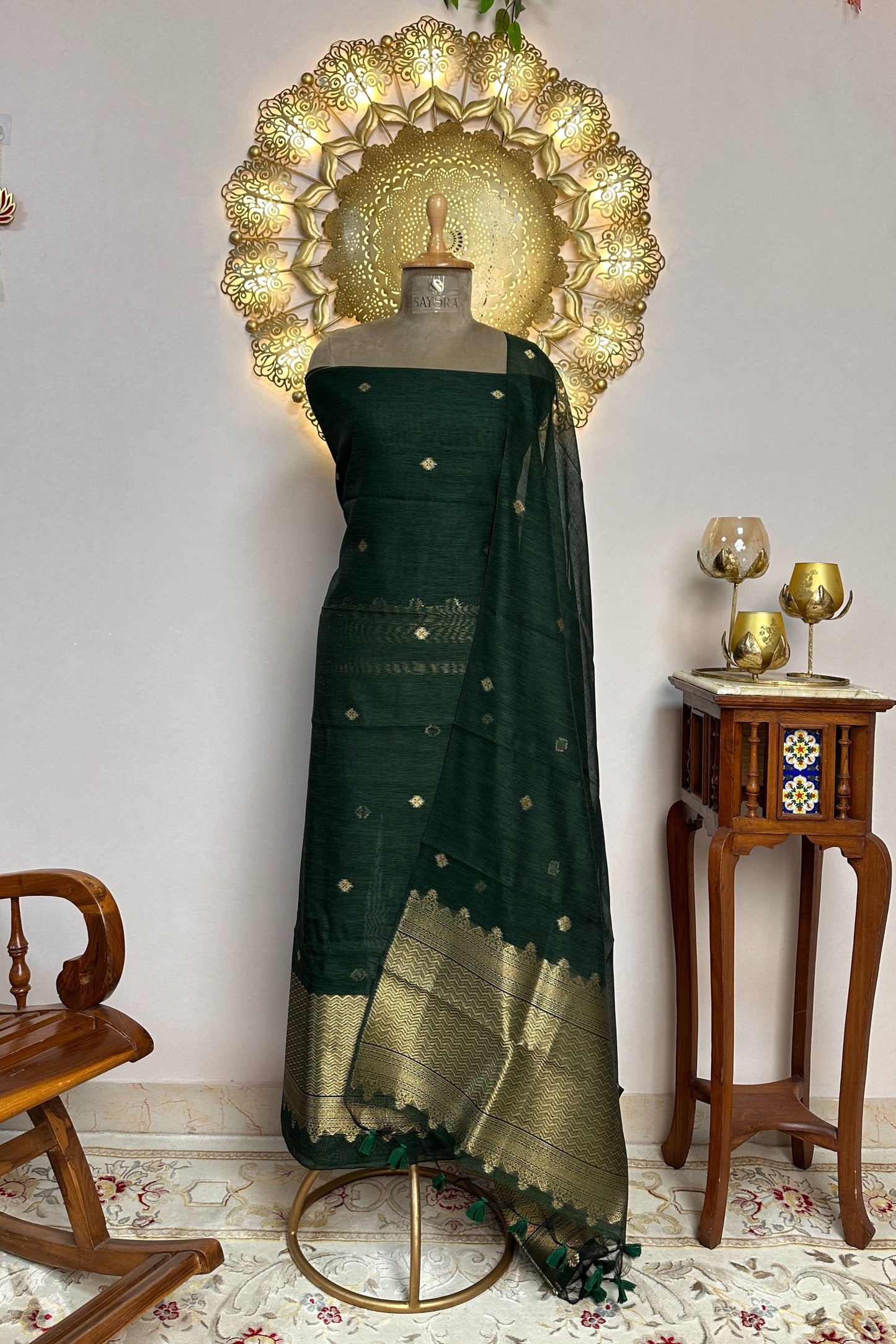Mehndi Green Chanderi Gold Zari Jamdani Weaving Unstitched suit Set