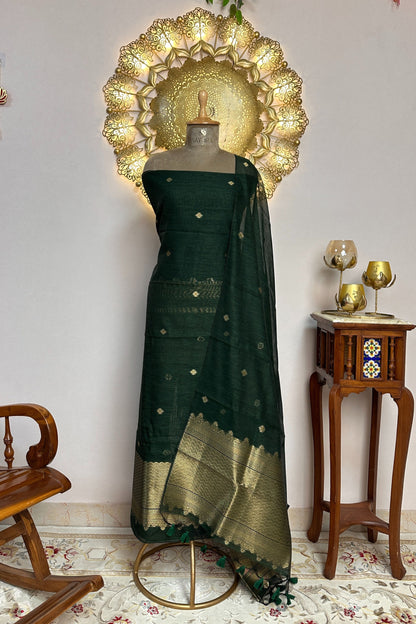 Mehndi Green Chanderi Gold Zari Jamdani Weaving Unstitched suit Set