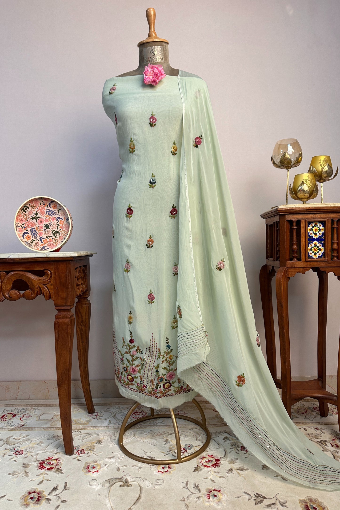 Mint Green Pure Organza Silk Unstitched Suit Set With Hand Embroidery & Matching Dupatta