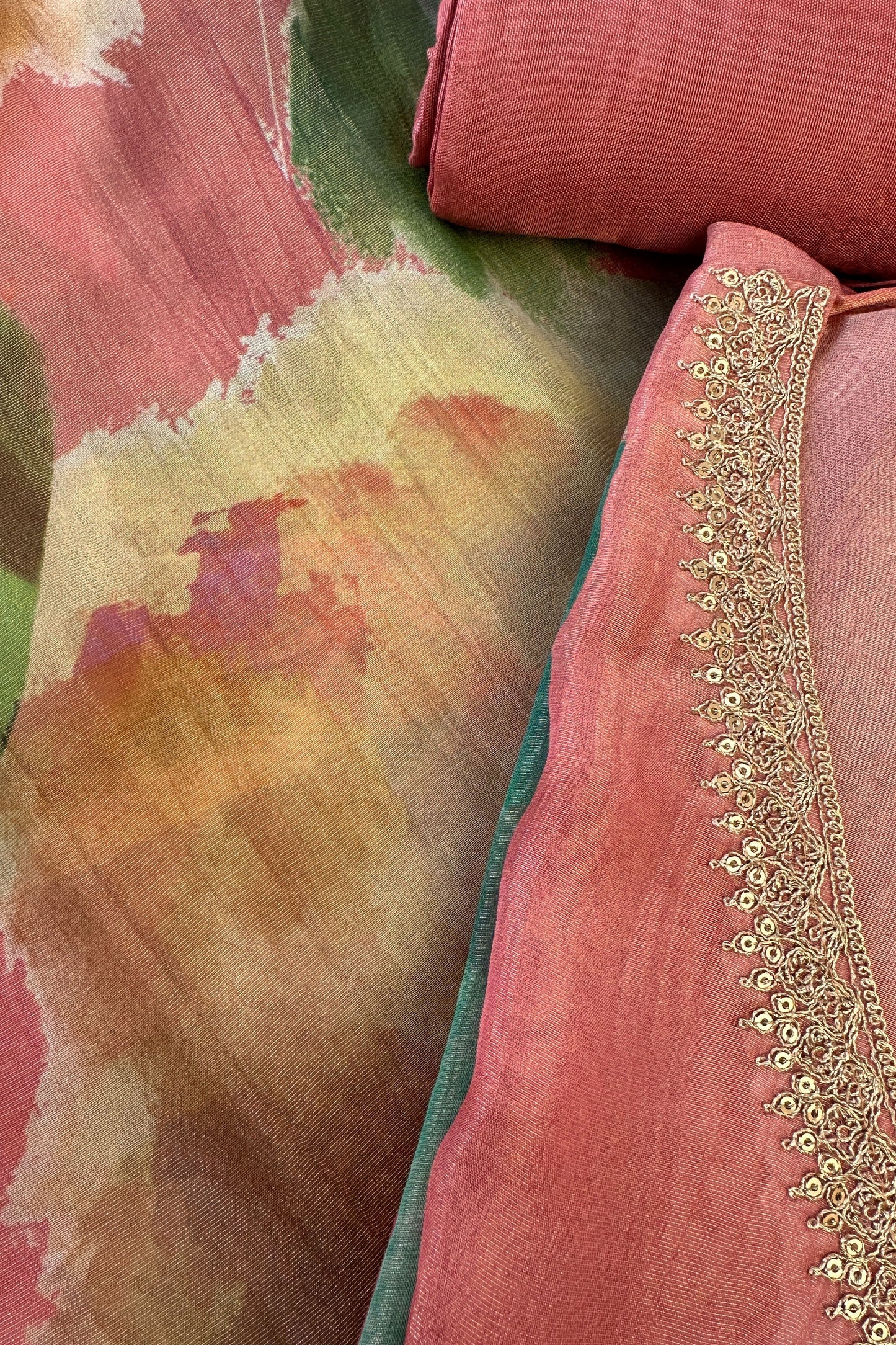 Muslin Silk Pink Digital Printed Hand Embroidered Unstitched Suit Set