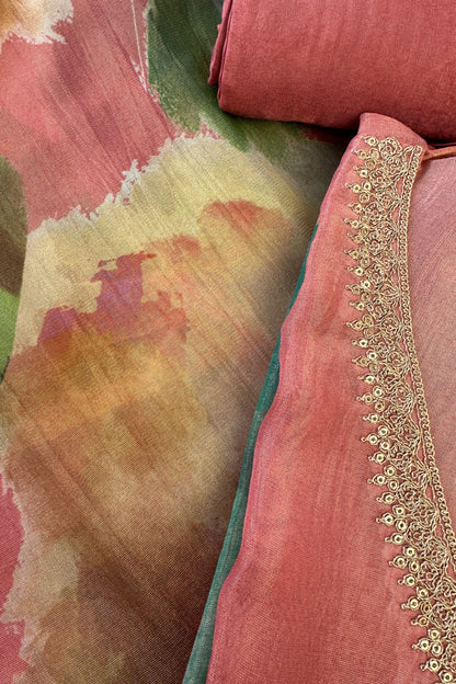 Muslin Silk Pink Digital Printed Hand Embroidered Unstitched Suit Set