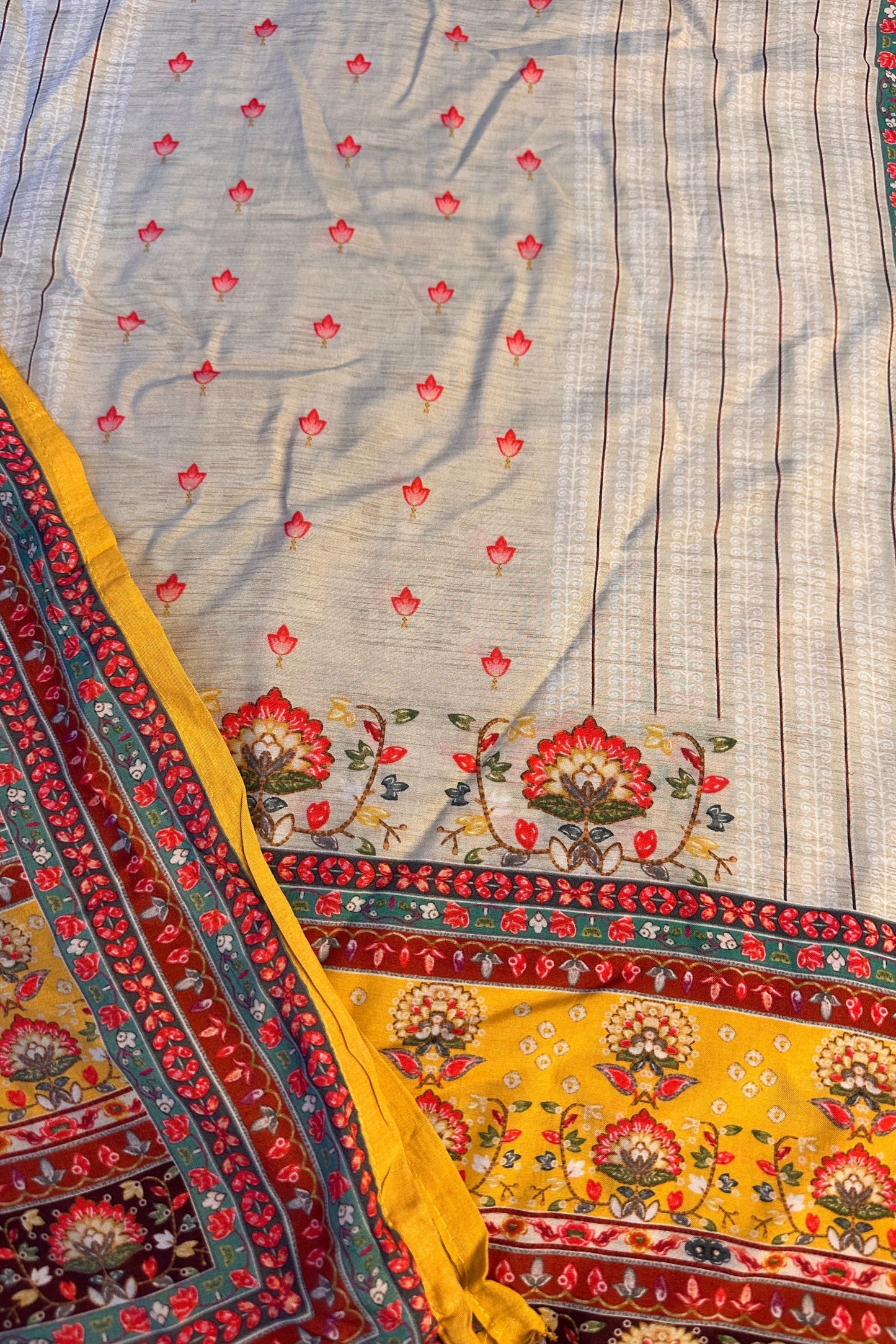 Muslin silk beige Digital Printed Mirror Work Hand Embroidered Unstitched Suit Set