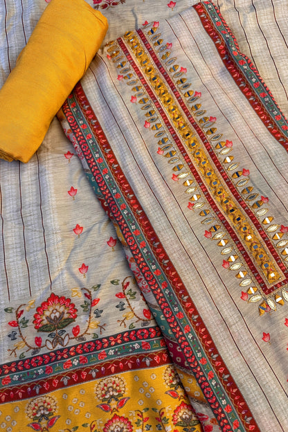 Muslin silk beige Digital Printed Mirror Work Hand Embroidered Unstitched Suit Set