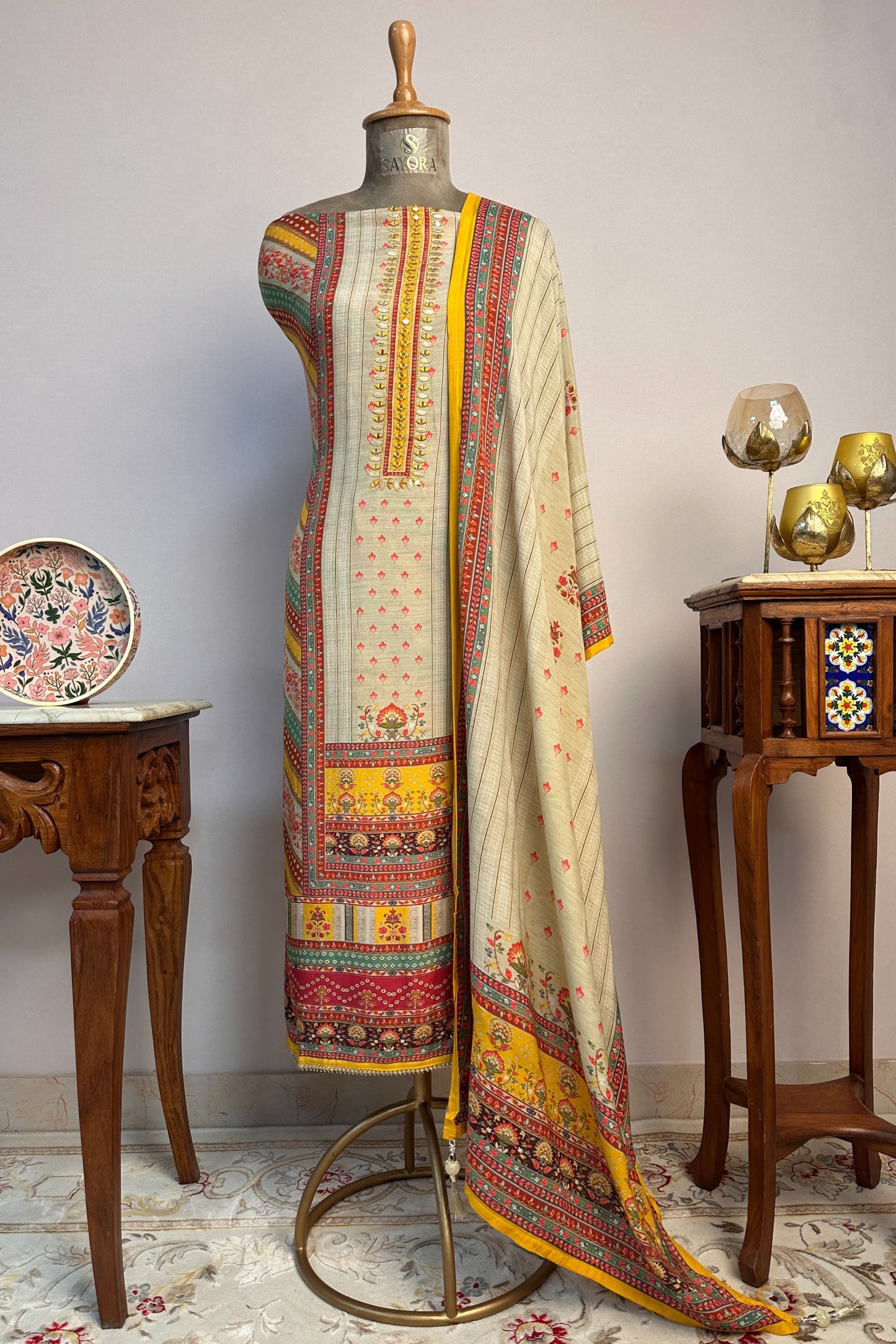 Muslin silk beige Digital Printed Mirror Work Hand Embroidered Unstitched Suit Set