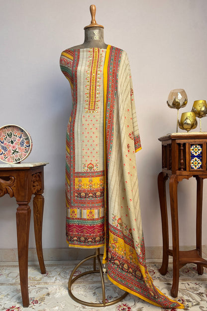 Muslin silk beige Digital Printed Mirror Work Hand Embroidered Unstitched Suit Set
