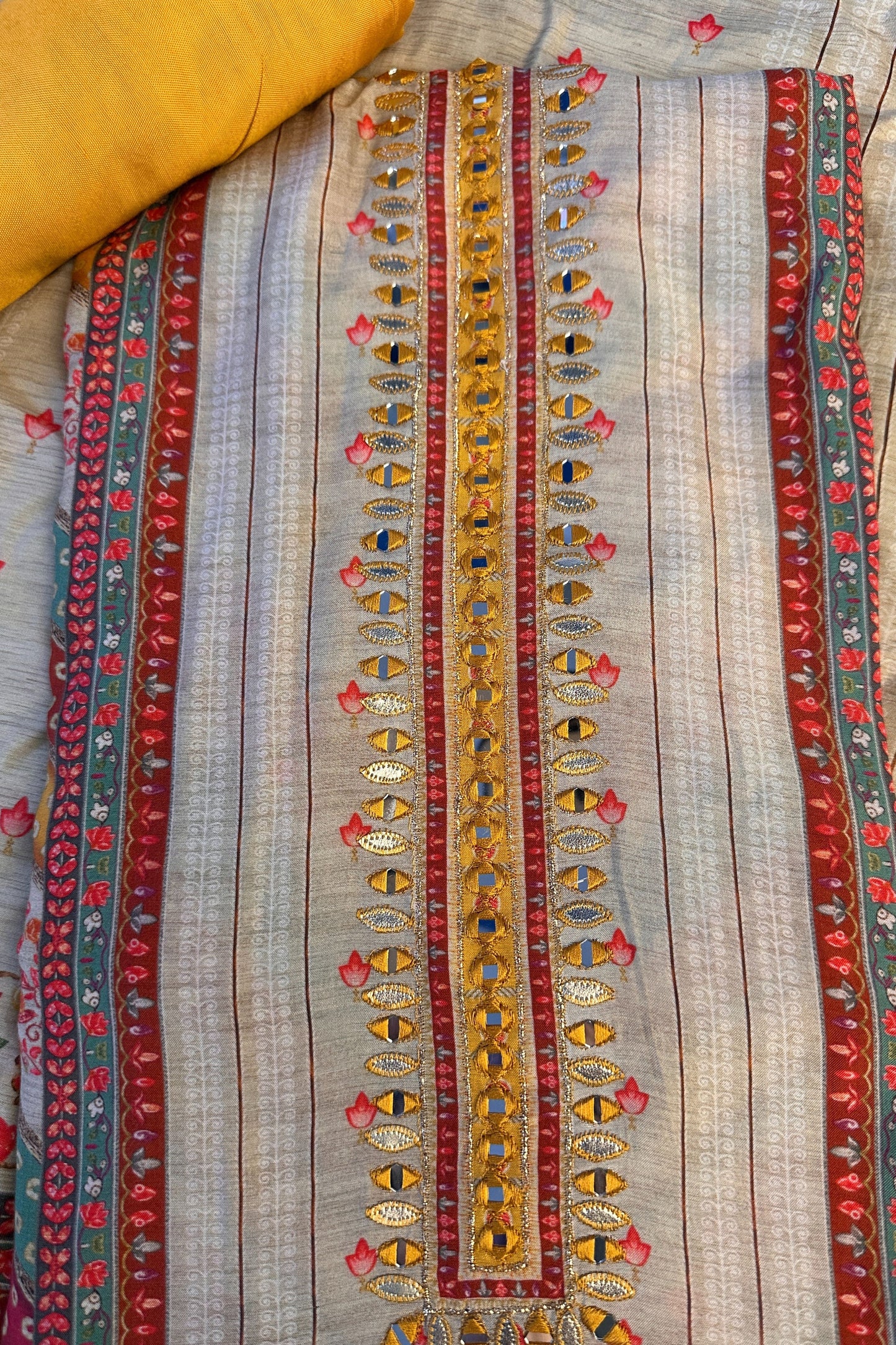 Muslin silk beige Digital Printed Mirror Work Hand Embroidered Unstitched Suit Set