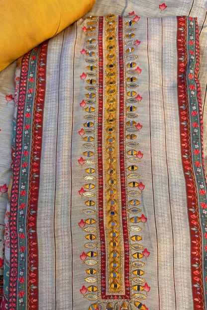 Muslin silk beige Digital Printed Mirror Work Hand Embroidered Unstitched Suit Set