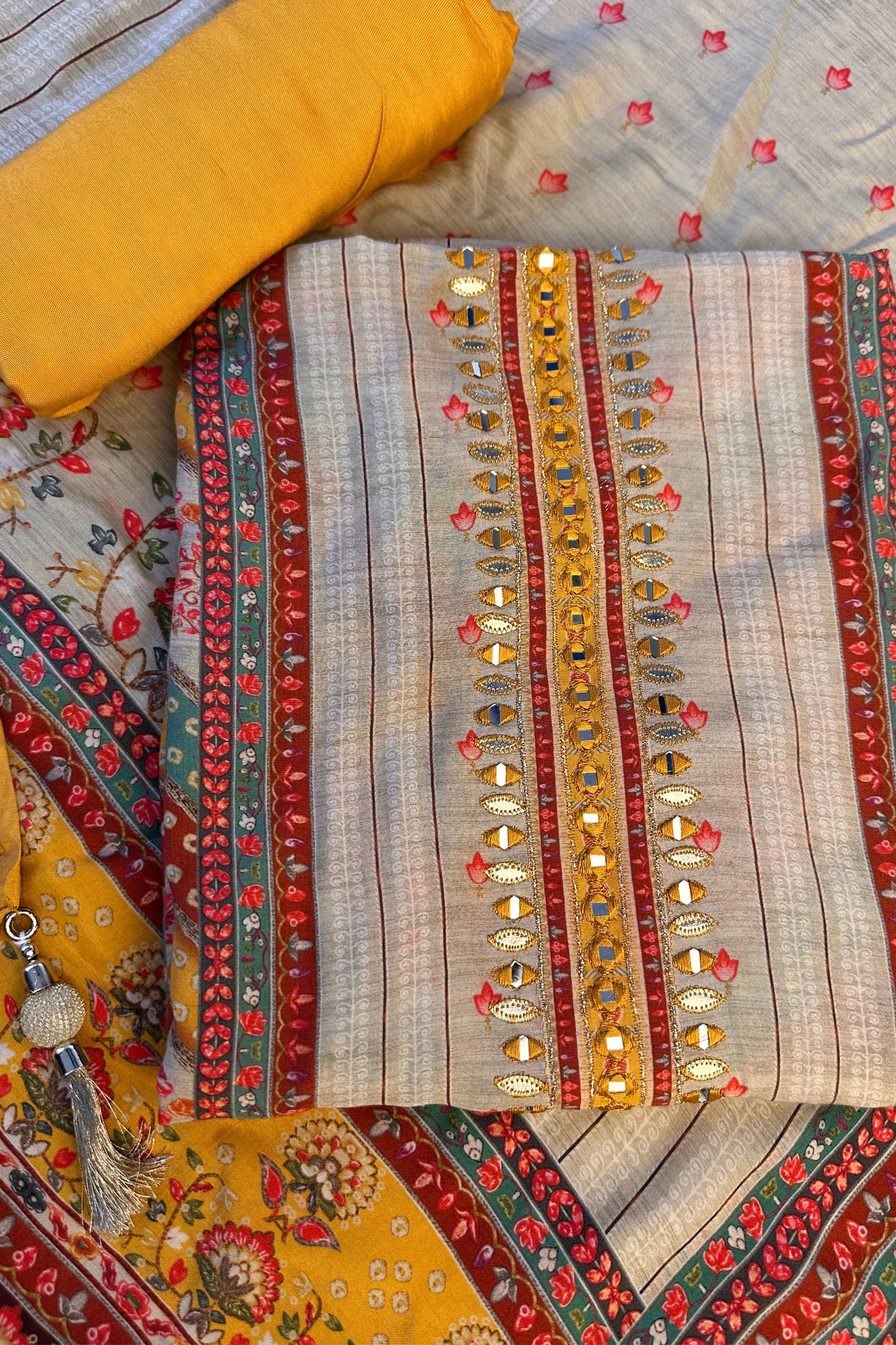 Muslin silk beige Digital Printed Mirror Work Hand Embroidered Unstitched Suit Set