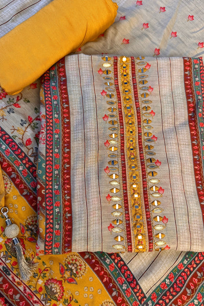 Muslin silk beige Digital Printed Mirror Work Hand Embroidered Unstitched Suit Set