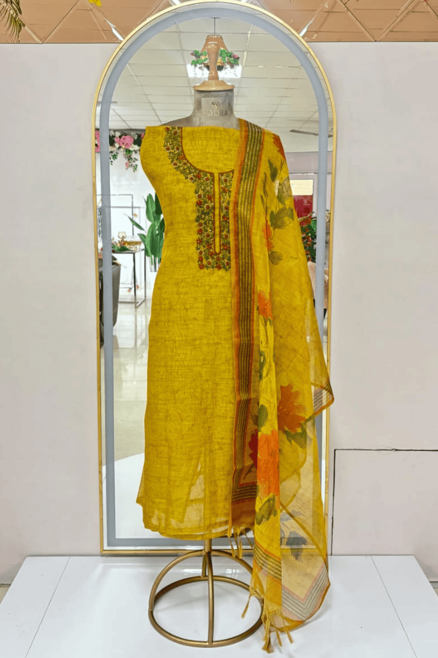 Mustard Linen Silk 3 Piece Unstitched Suit Set