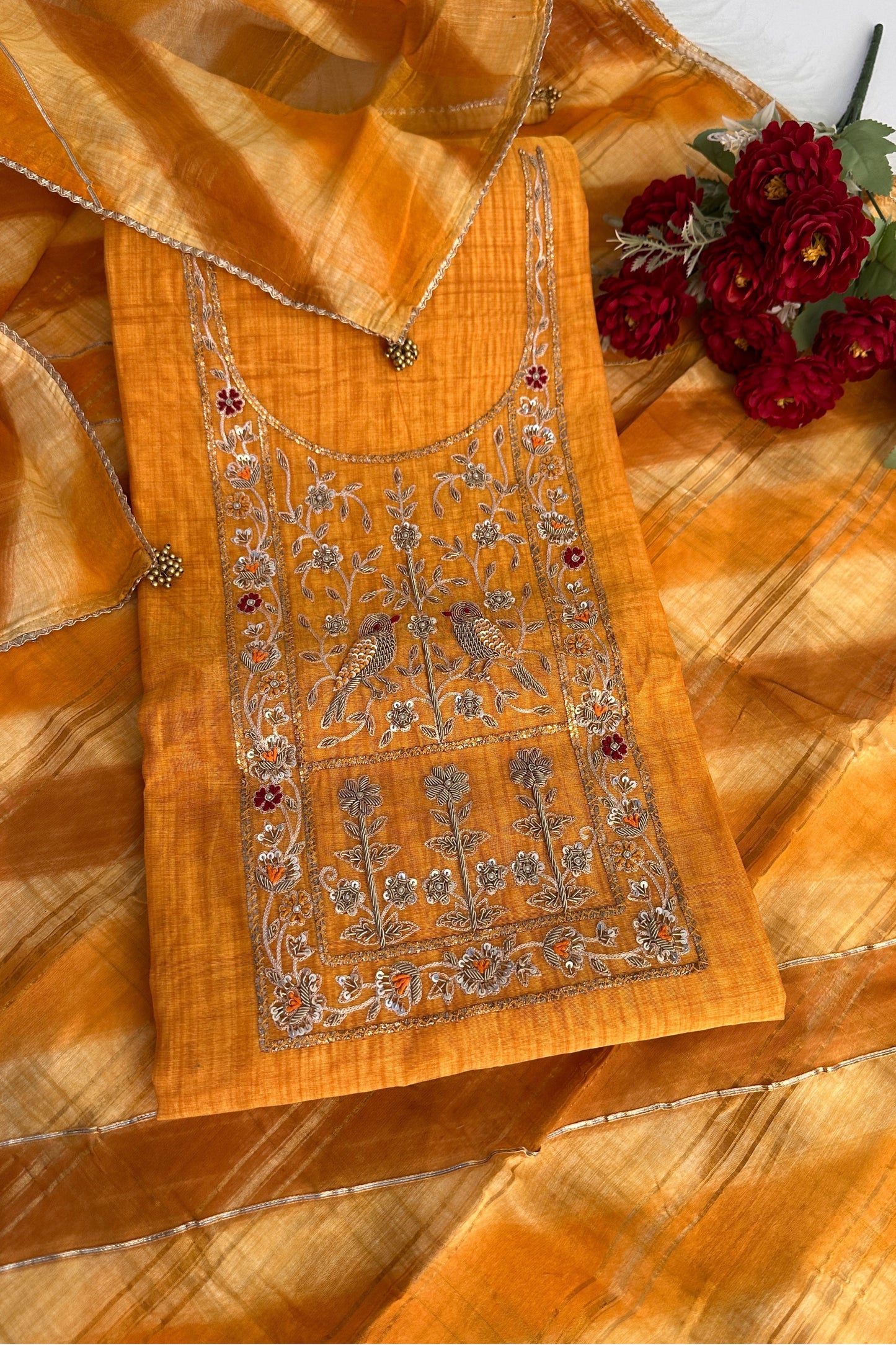 Yellow Chanderi Zardozi Embroidered Unstitched Suit Set With Rangkat Dupatta