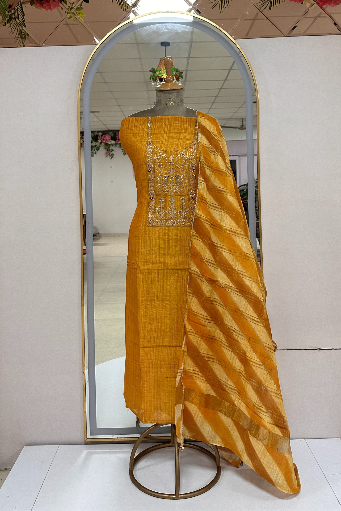 Yellow Chanderi Zardozi Embroidered Unstitched Suit Set With Rangkat Dupatta