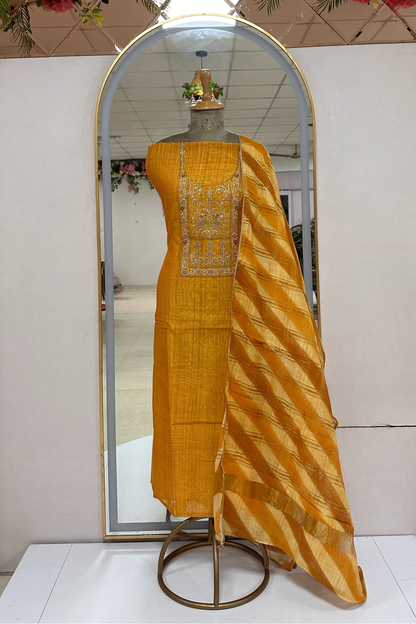 Yellow Chanderi Zardozi Embroidered Unstitched Suit Set With Rangkat Dupatta