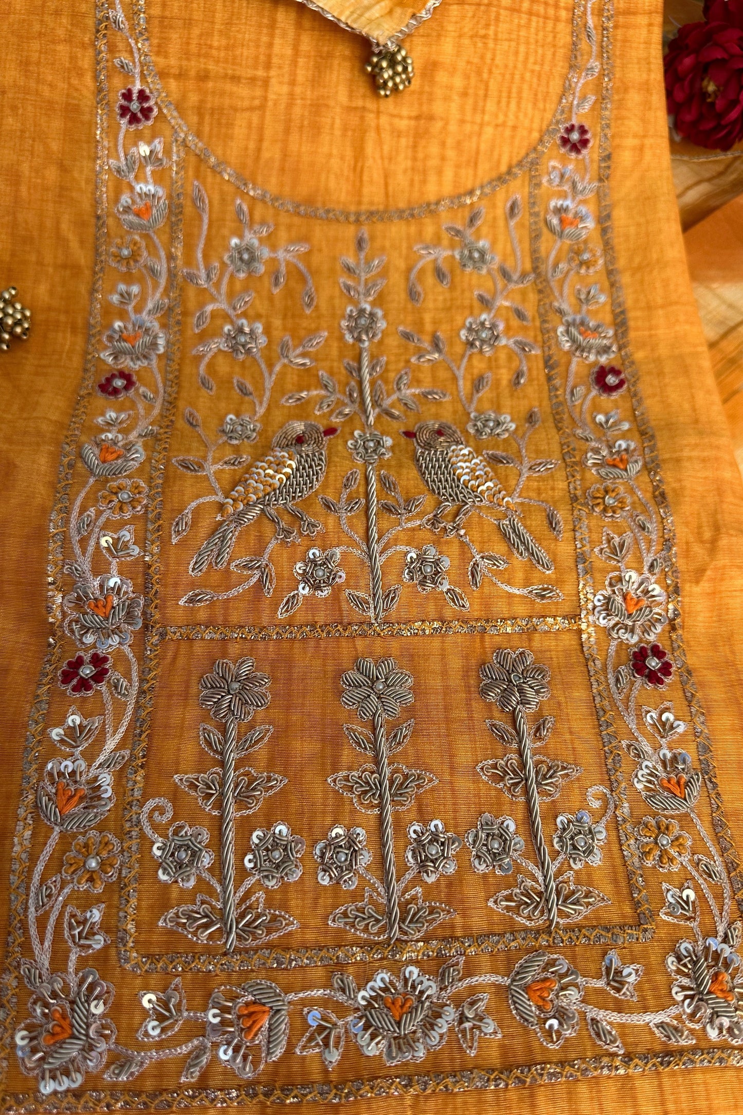 Yellow Chanderi Zardozi Embroidered Unstitched Suit Set With Rangkat Dupatta