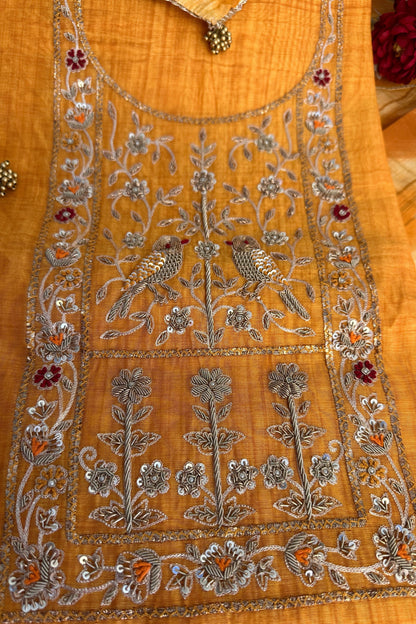 Yellow Chanderi Zardozi Embroidered Unstitched Suit Set With Rangkat Dupatta